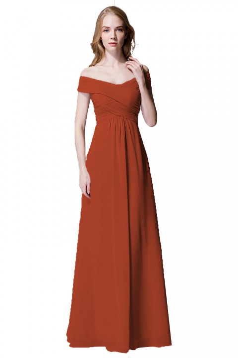 Crisscross Off-the-Shoulder Pleated V-back Bridesmaid Dress Long