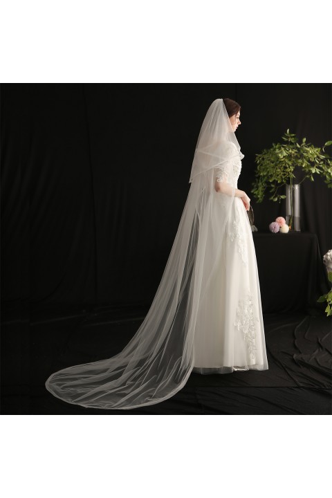 White Double Long Trailing Wedding Bridal Veil With Elastic Mesh Wrapped Edge