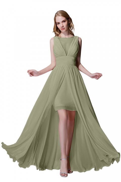 Plunging Illusion Tulle Scoop Neck High Slit Chiffon Bridesmaid Dress