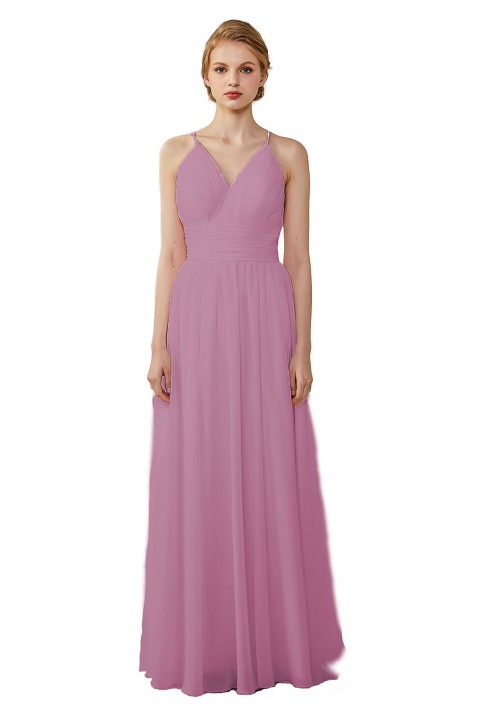 Spaghetti Straps V-Neck Bridesmaid Dress Open Back with Triangle Lace Detail