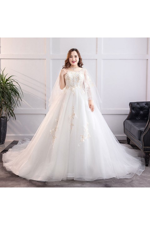 Plus Size 2021 Round Neck Trumpet Sleeves Sequined Decor Embroidered Flower Tulle Wedding Dress With Long Train