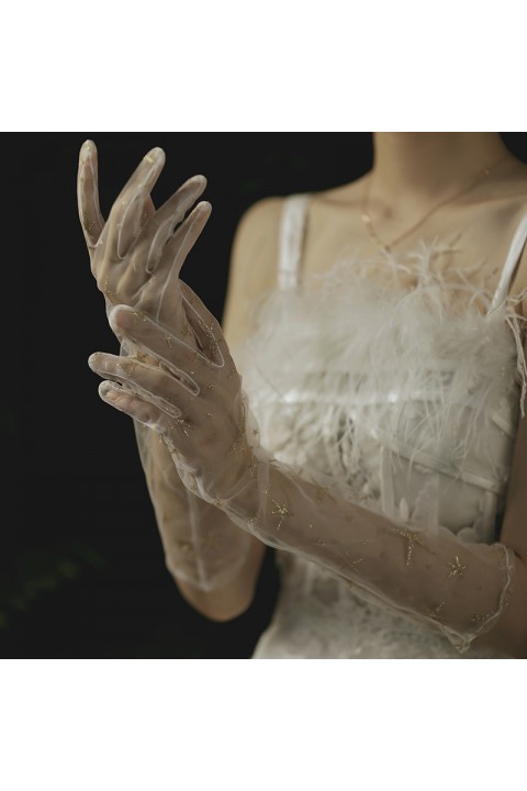 White Tulle Golden Sequins Decor Long Sleeves Wedding Bridal Gloves