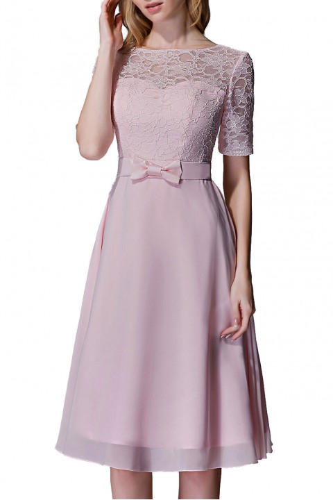 Elbow Sleeves Lace Illusion Scoop Neck Short Bridesmaid Dress with Silk Bowknot