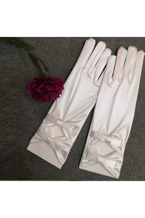 White Satin Bow Decor Wedding Bridal Gloves