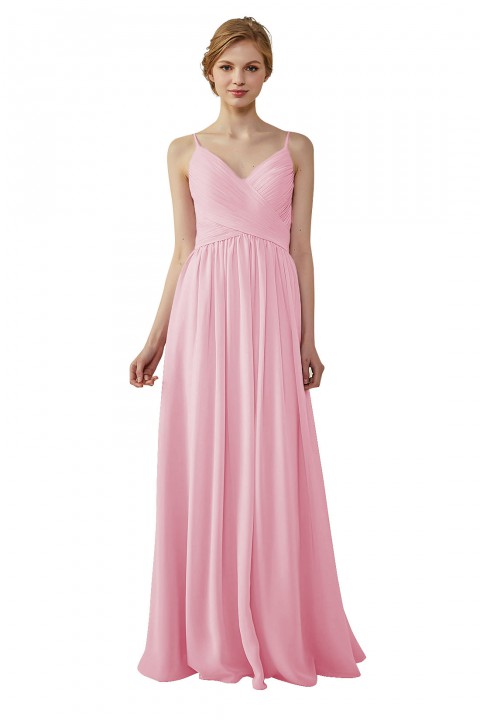 Spaghetti Straps Pleated Low V Back Bridesmaid Dress