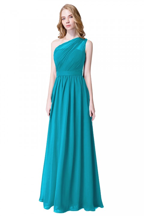 Illusion One-Shoulder Chiffon Pleated Bridesmaid Dress Long