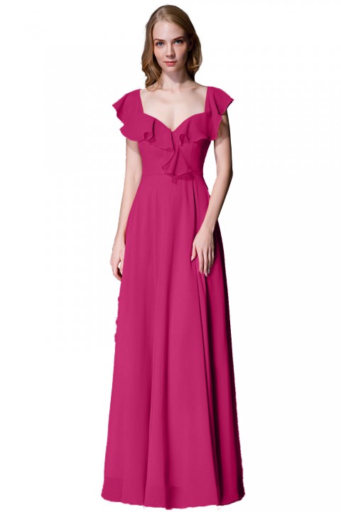 V Neck Cascading Ruffles Sleeve Bow Back Bridesmaid Dress 