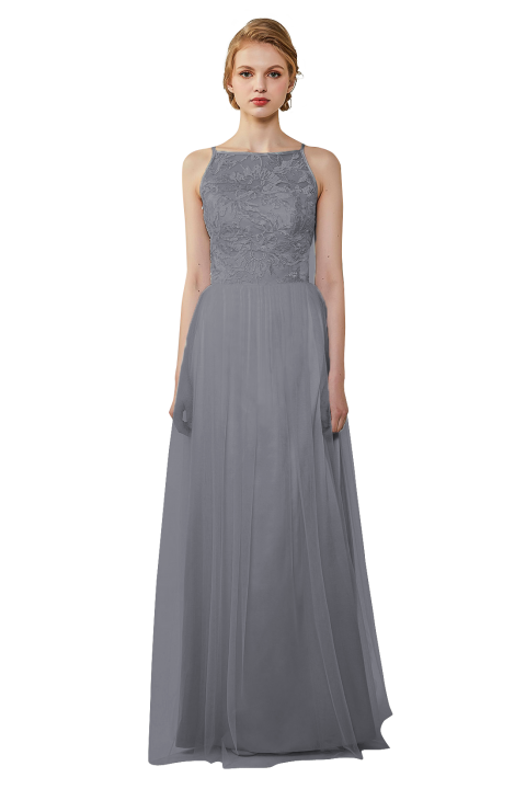 Tulle Lace Illusion Boatneck and Back Bridesmaid Dress with Keyhole 