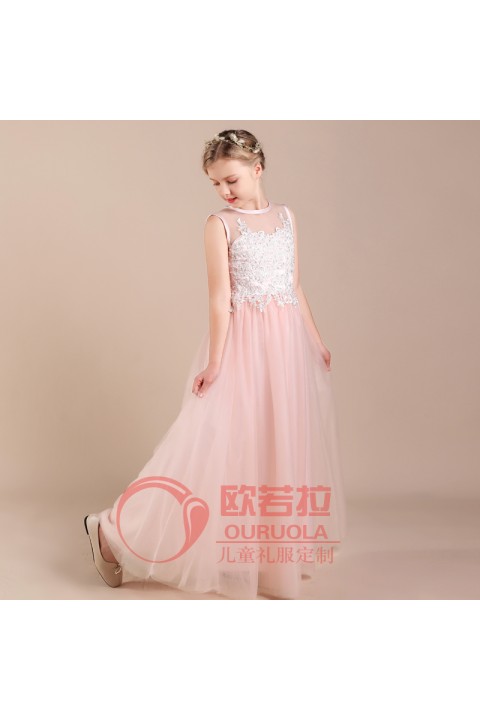 Light Pink Round Neck Sleeveless Tulle Skirt Junior Bridesmaid Dresses