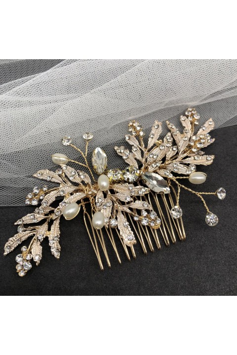 Leaf Shaped Pearl Crystal Hair Comb