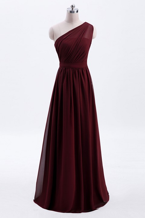 Illusion One-Shoulder Chiffon Pleated Bridesmaid Dress Long