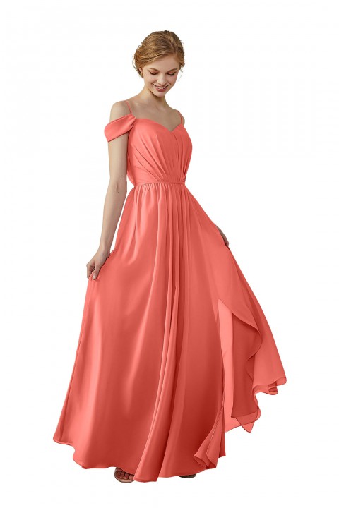 A-Line Cold Shoulder Spaghetti Straps Chiffon Bridesmaid Dress with Side Slit