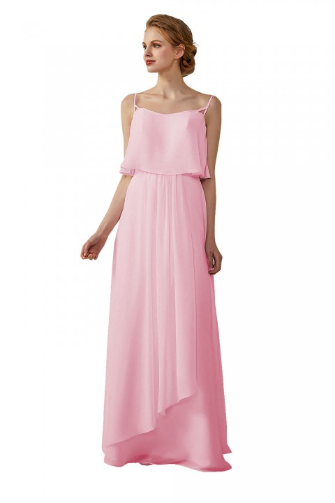 Boho Spaghetti Straps Chiffon V-Back Bridesmaid Dress with Flounce