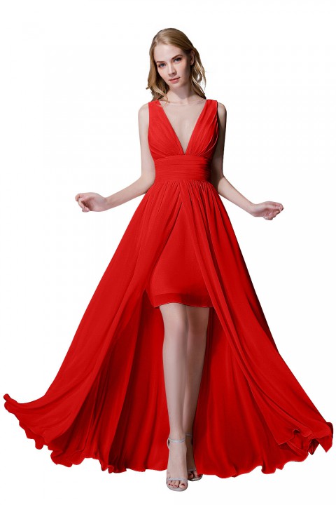 Plunging Illusion Tulle Scoop Neck High Slit Chiffon Bridesmaid Dress