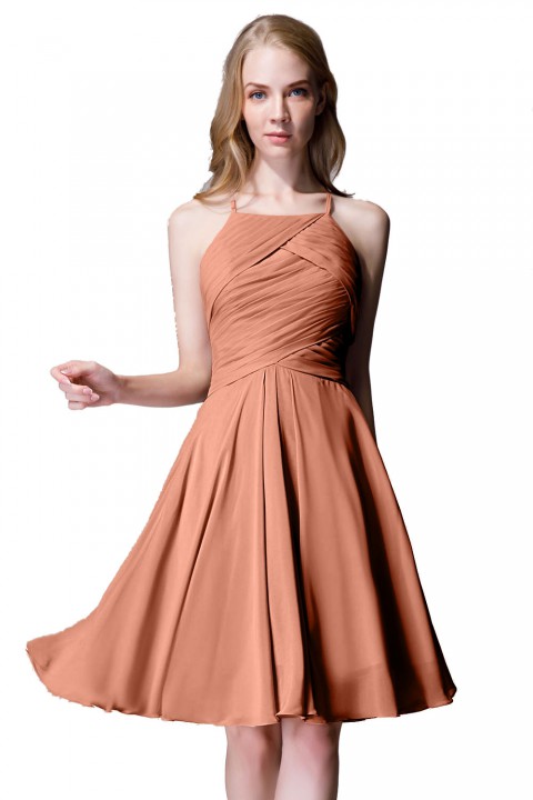 Elegant Halter Tea Length Pleated Chiffon Bridesmaid Dress with Tie Back