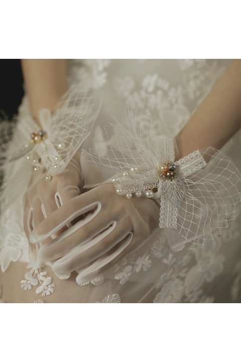 White Lace Bow Decor Thin Tulle Wedding Bridal Gloves