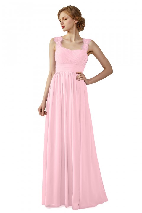 Pleated Long Chiffon Open Back Lace Strap Bridesmaid Dress