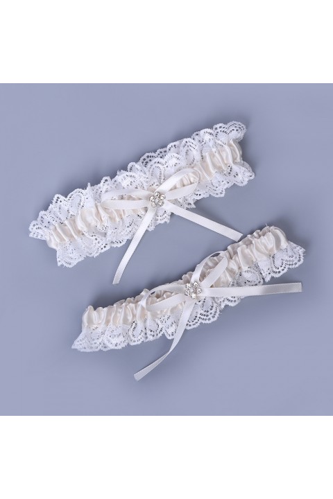 Lace Crochet Pearl Crystal Elastic Bridal Garter Set