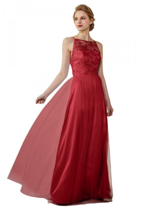 Tulle Lace Illusion Boatneck and Back Bridesmaid Dress with Keyhole 