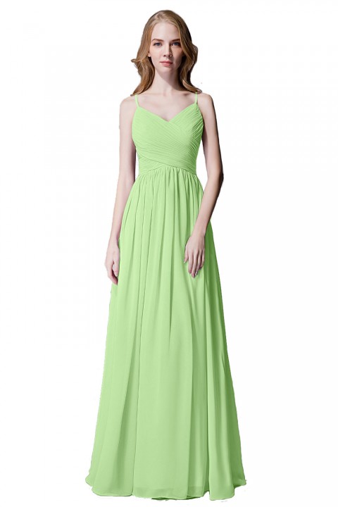 Spaghetti Straps Pleated Chiffon Bridesmaid Dress with Lace Open Back