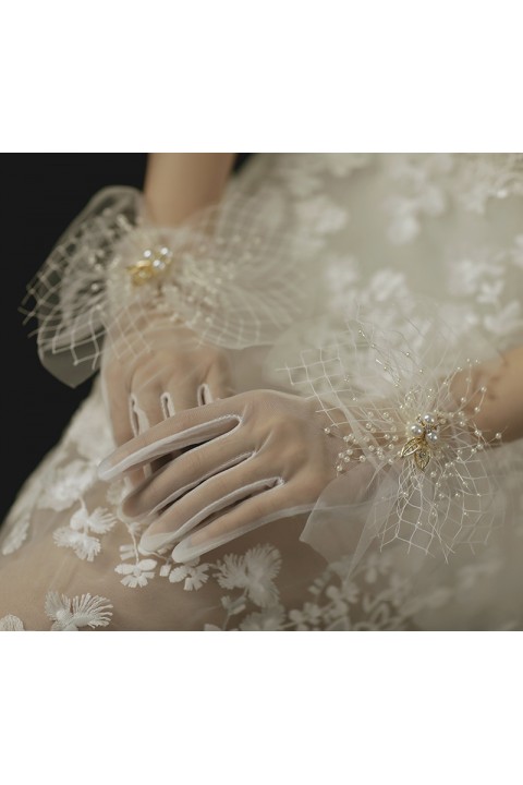 White Pearl Lace Flower Shape Decor Thin Tulle Wedding Bridal Gloves