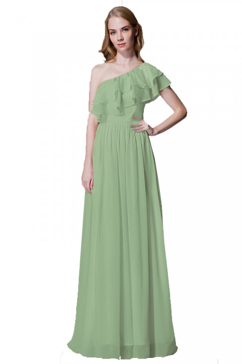 Asymmetrical One-Shoulder Flounce Chiffon Bridesmaid Dress Long