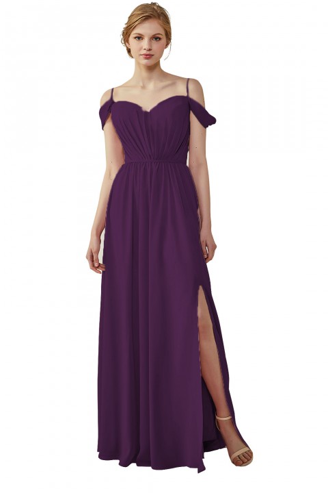 A-Line Cold Shoulder Spaghetti Straps Chiffon Bridesmaid Dress with Side Slit