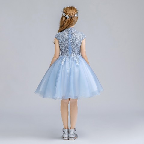 Blue High Collar Sleeveless Sequin Fulfilled Embroidered Tulle Short Skirt Girls Pageant Dress