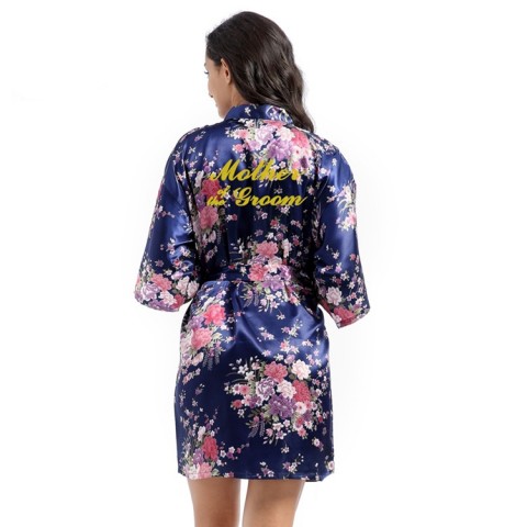 Floral Slogan Printed Tied Waist Silk Mother of the Groom Robe