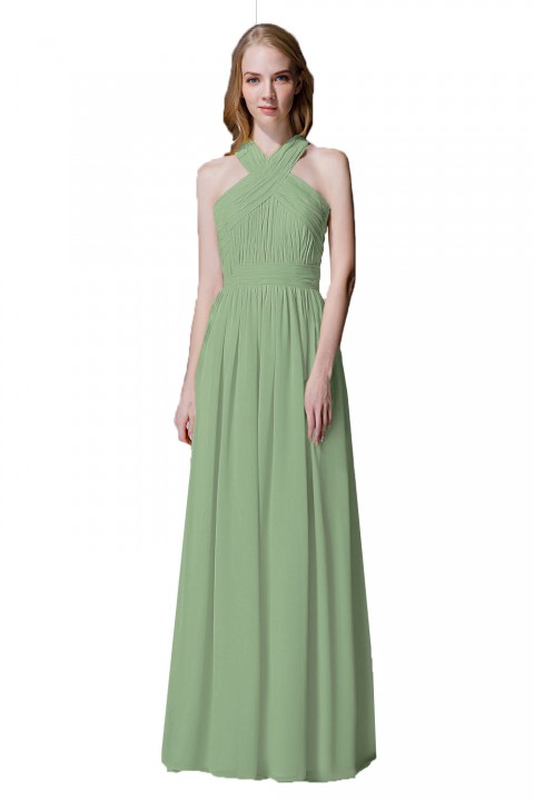 Criss-cross Halter Pleated Chiffon Bridesmaid Dress with Cross-straps Back