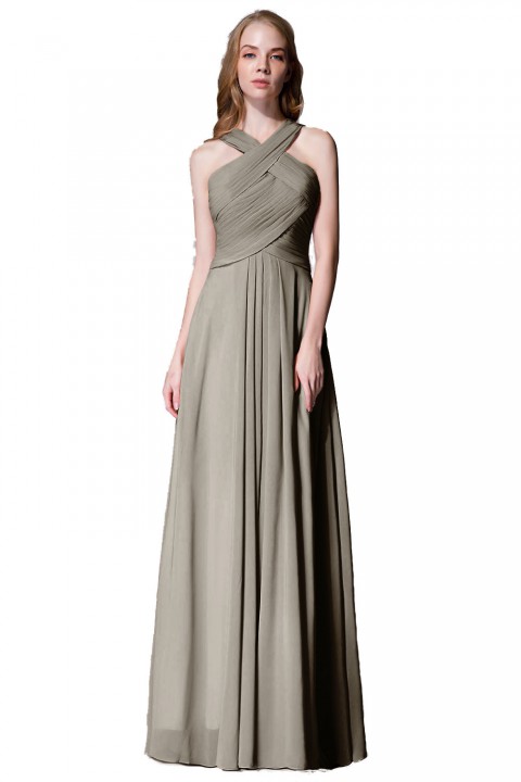 Chic Criss-cross Halter Pleated Chiffon Bridesmaid Dress Long