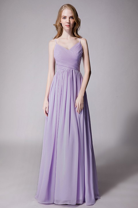 Spaghetti Straps Pleated Chiffon Bridesmaid Dress with Lace Open Back