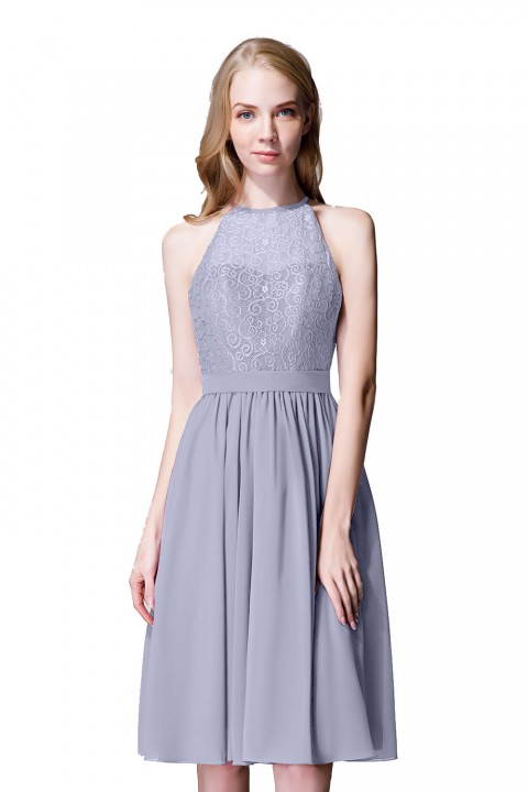 Illusion High Neck Halter Lace Short Bridesmaid Dress with Tie Detail