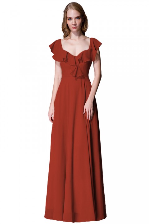 V Neck Cascading Ruffles Sleeve Bow Back Bridesmaid Dress 