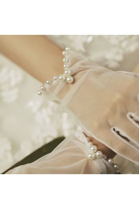 White Pearl Decor Soft Tulle Wedding Bridal Gloves