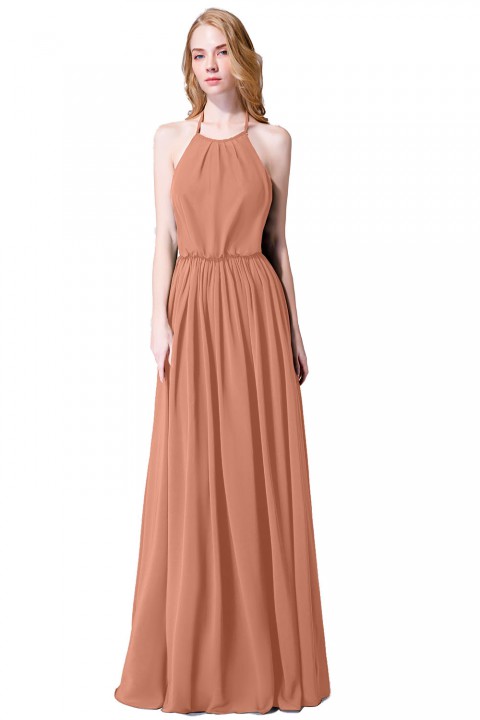 Halter Spaghetti Strap Open Back Chiffon Bridesmaid Dress with Sash