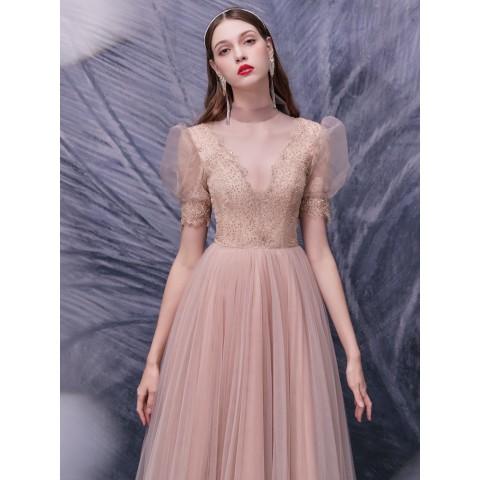 Light Champagne Deep V-neck Back Bowknot Short Puff Sleeves Beaded Decor Tulle Party Dress