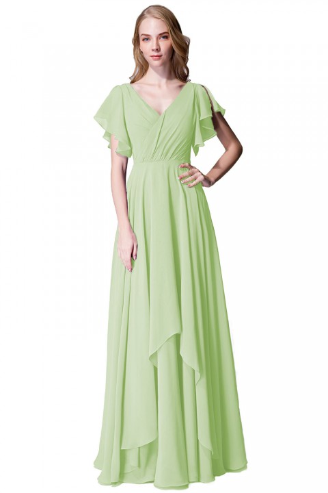 Flutter Sleeve Chiffon Ruched V Back Bridesmaid Dress Long