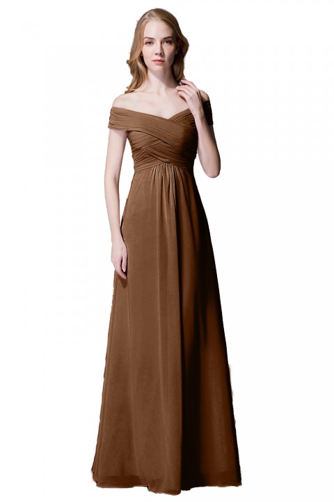 Crisscross Off-the-Shoulder Pleated V-back Bridesmaid Dress Long