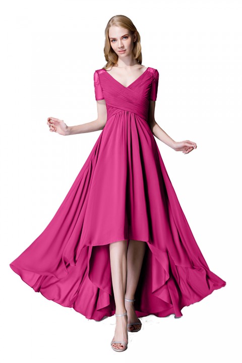 Criss Pleated V-neck High-low Chiffon Bridesmaid Dress with Illusion Sleeves