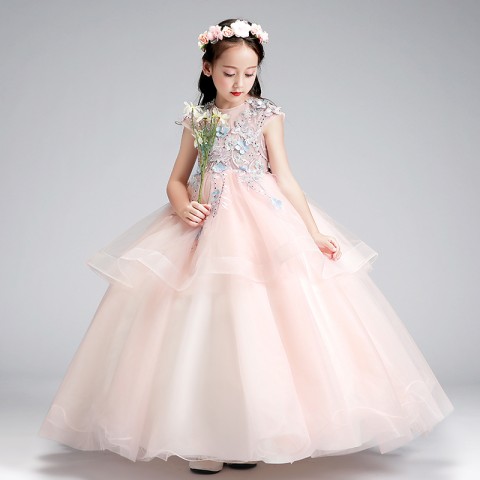 Light Pink Round Neck Sleeveless Beads Decor Double Layered Tulle Skirt Girls Pagent Dresses