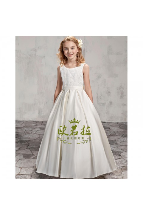 Round Neck Embroidery Bright Satin Skirt Junior Bridesmaid Dresses