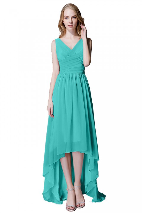 Romantic High-Low V-Neck Chiffon Ruched Bridesmaid Dress