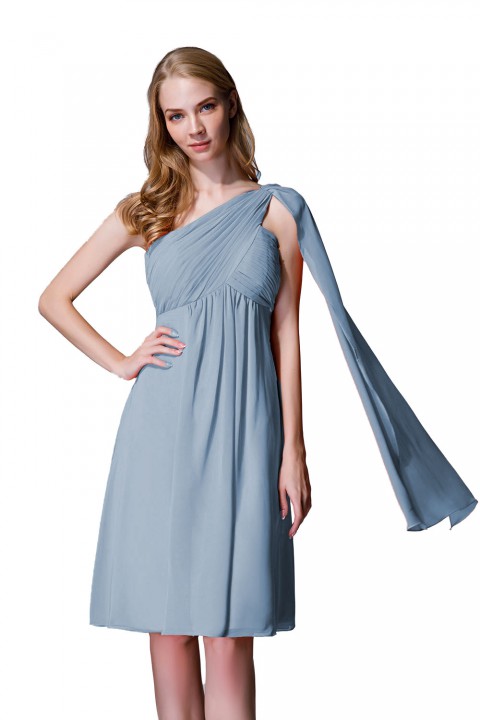 One-Shoulder Pleated Chiffon Short Bridesmaid Dress With Flowing Cape