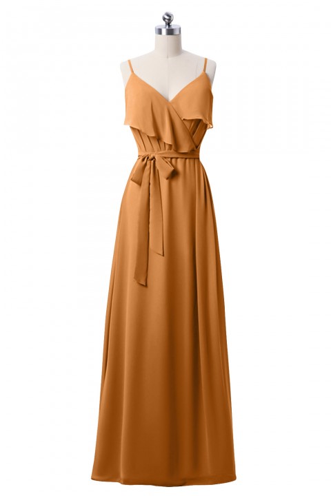 Spaghetti Straps Scoop Back Ruffled Chiffon Bridesmaid Dress with Sash