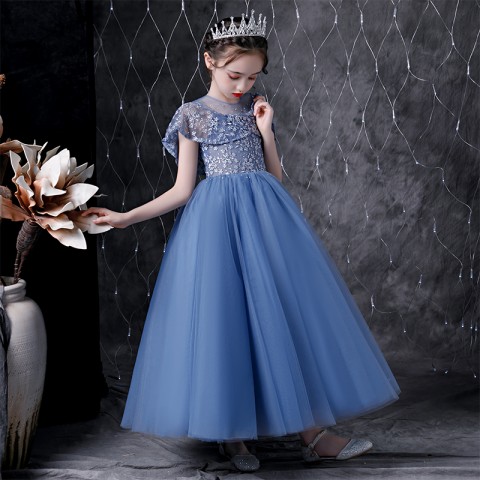 Azure Blue Round Neck Sleeveless Princess Tulle Skirt Flower Girl Dresses