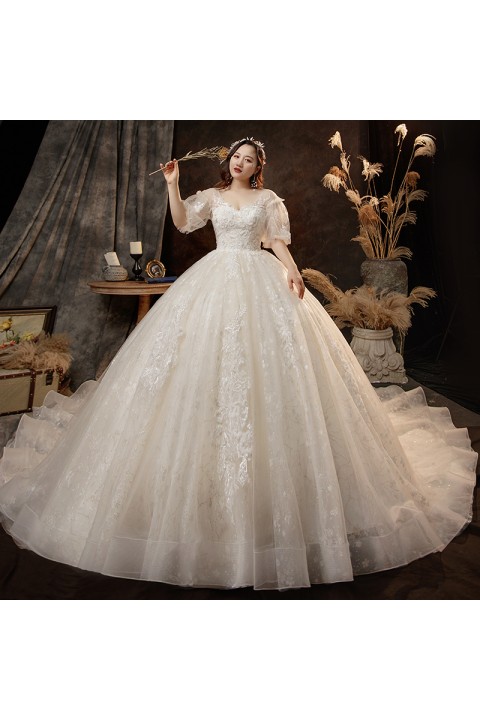 Plus Size 2021 Deep V-neck Short Tulle Sleeves Beaded Embroidered Flower Tulle Wedding Dress With Long Train