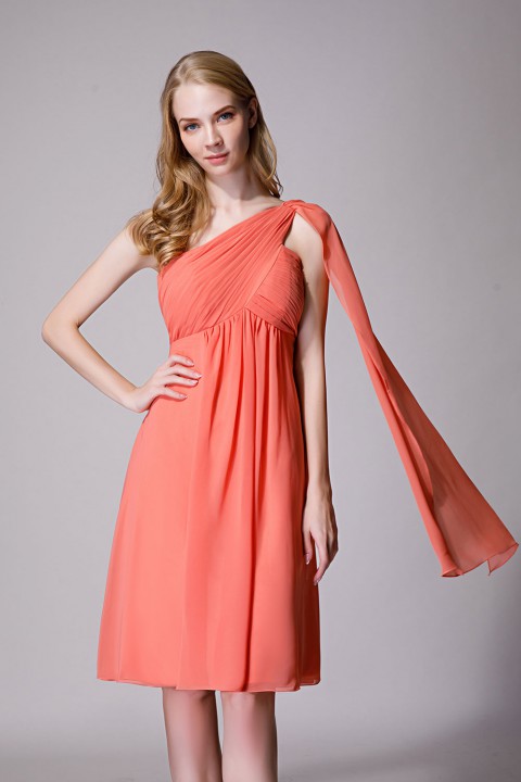 One-Shoulder Pleated Chiffon Short Bridesmaid Dress With Flowing Cape