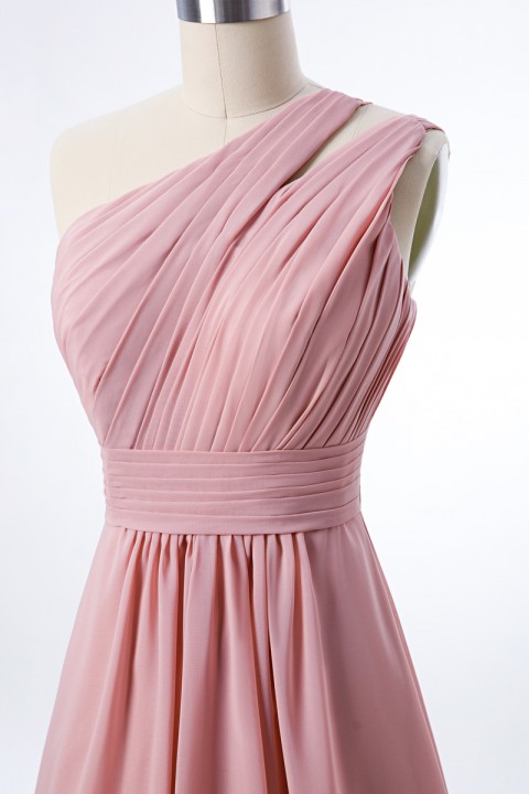 One Shoulder with Double-Straps Detail Pleated Bodice Floor Length Chiffon Bridesmaid Dress