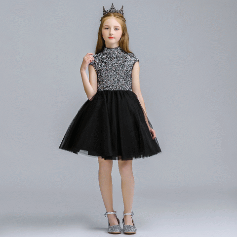 Black High Collar Sleeveless Sequins Fulfilled Decor Tulle Skirt Girls Pagent Dresses